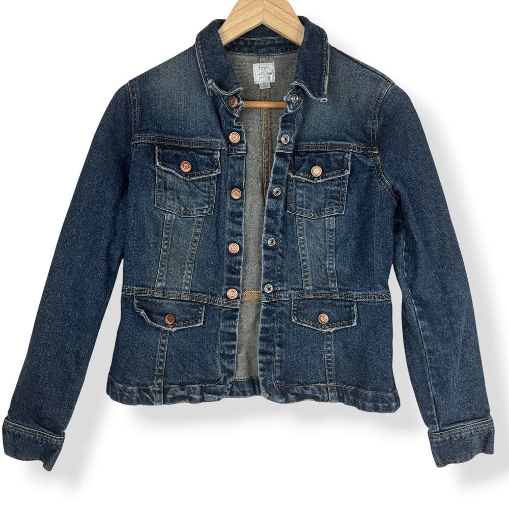 Vintage Y2K Old Navy Denim Jean Jacket Womens Size Medium Fitted Distressed Snap